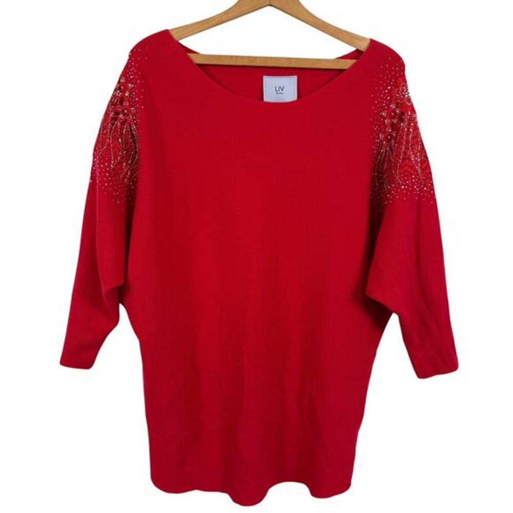 Liv Milano Women Embellished Red Sweater Size Large Rhinestones Glam Party Event